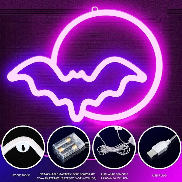 Spooky Bat Full Moon Purple Neon Light Halloween Costume Party Fall Decor LED - Picture 4 of 6